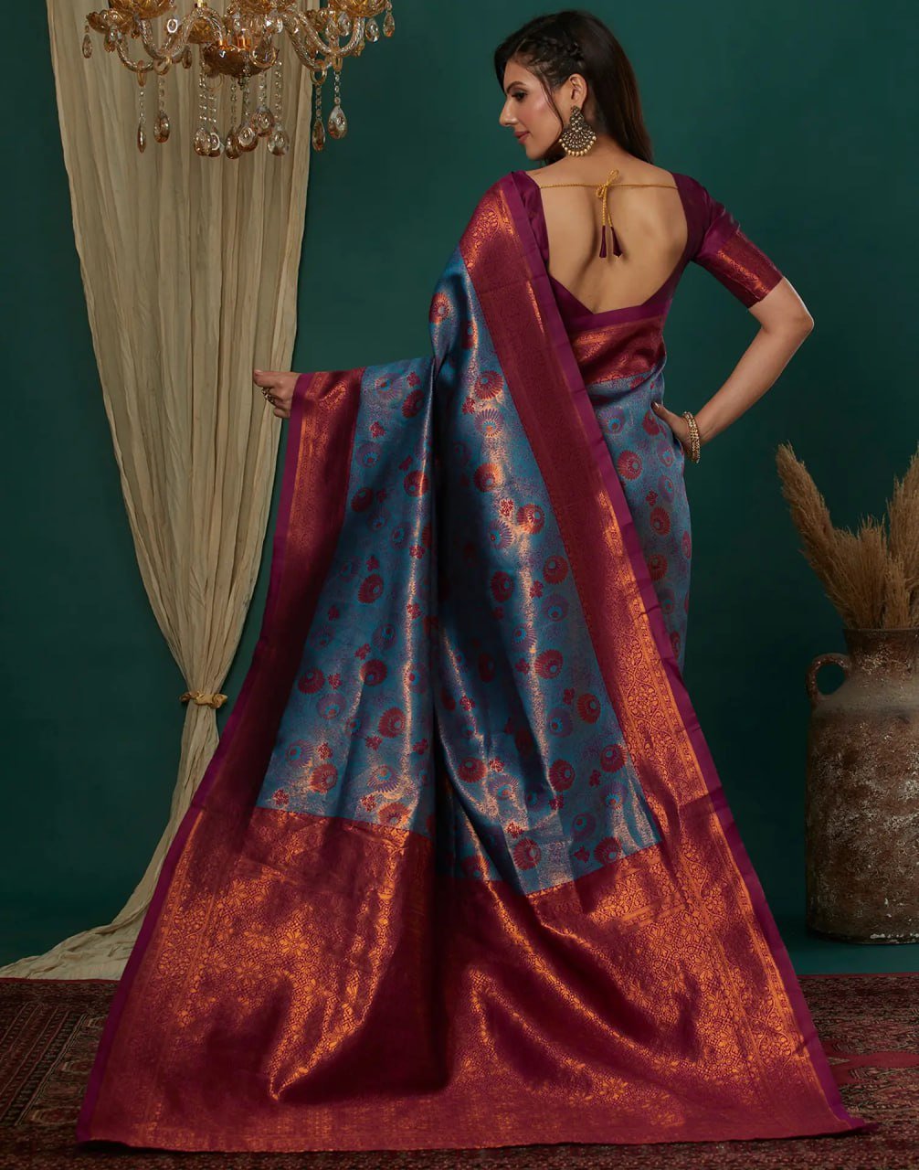 Sea Blue Beautiful Printed Banarasi Soft Silk Saree