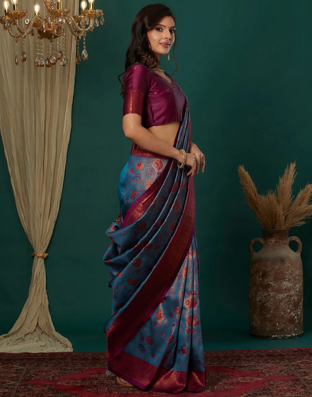 Sea Blue Beautiful Printed Banarasi Soft Silk Saree