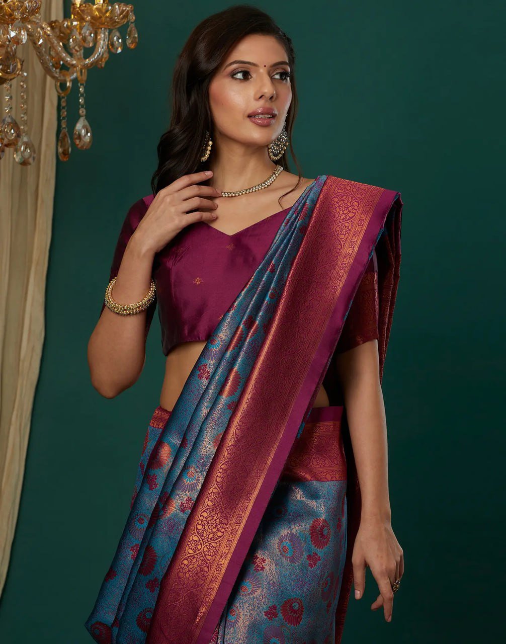 Sea Blue Beautiful Printed Banarasi Soft Silk Saree