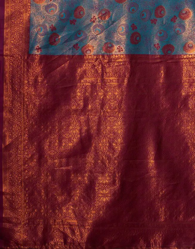Sea Blue Beautiful Printed Banarasi Soft Silk Saree