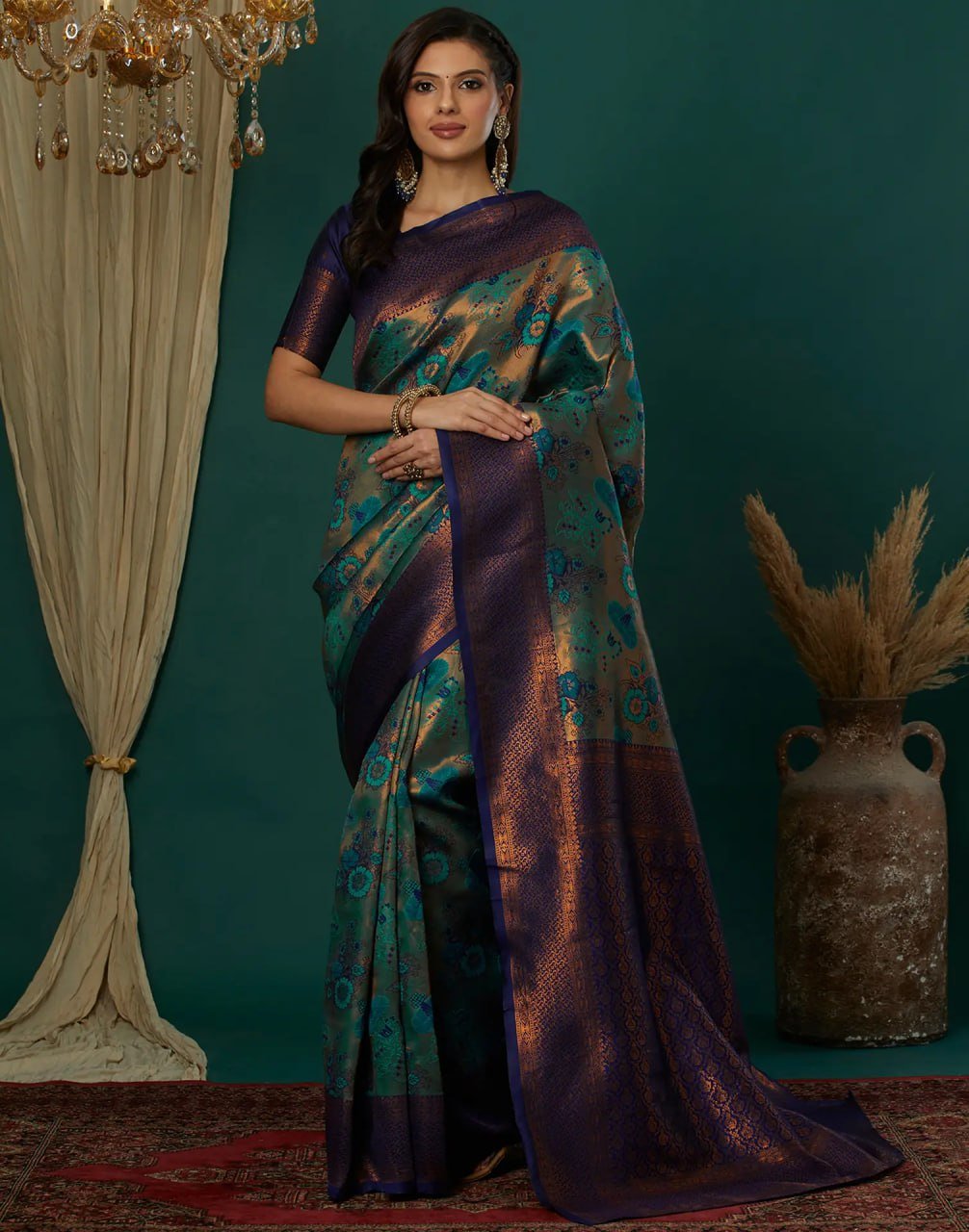 aqua banarasi silk saree with printed motifs - new arrival