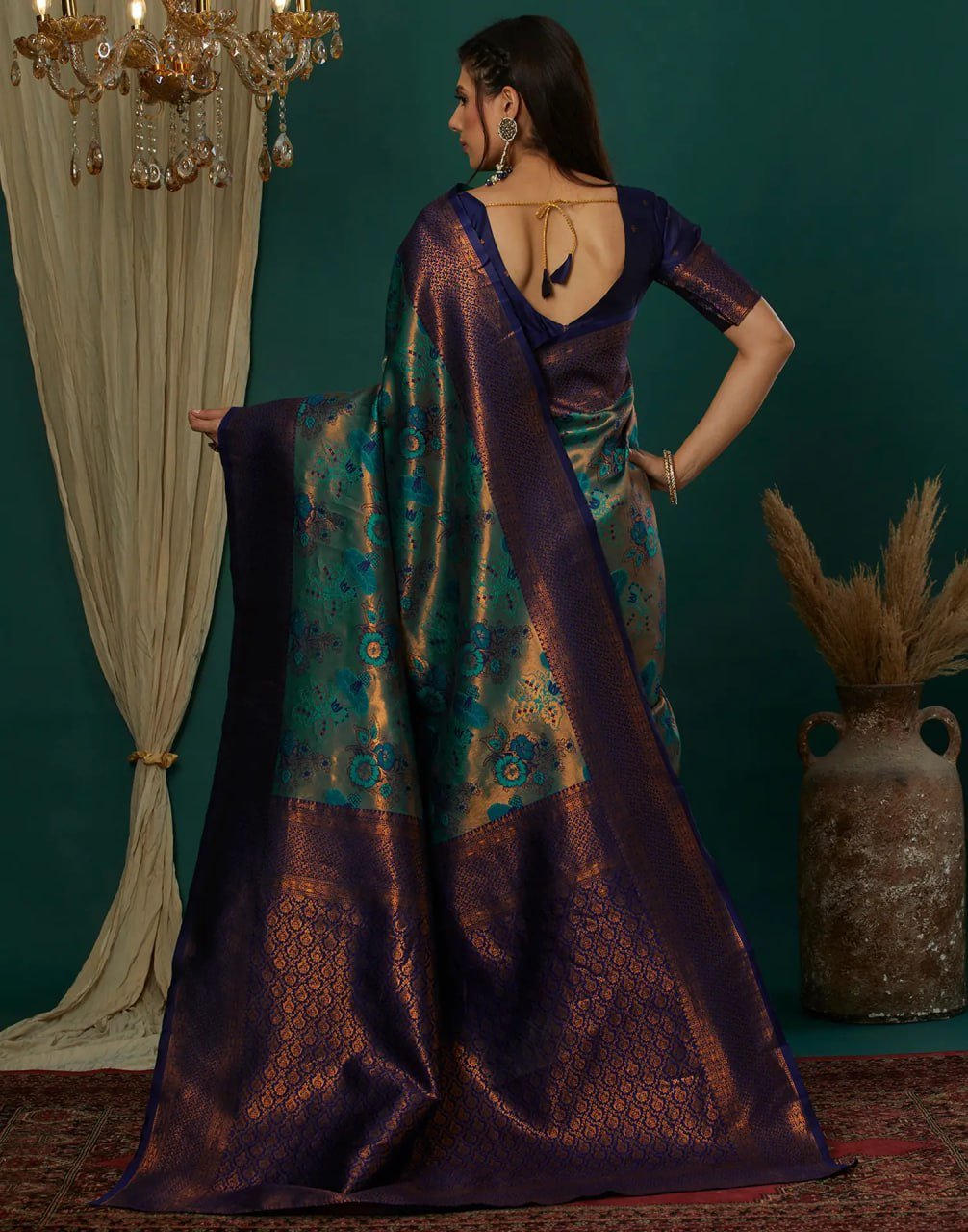aqua banarasi silk saree with zari work - traditional ethnic style
