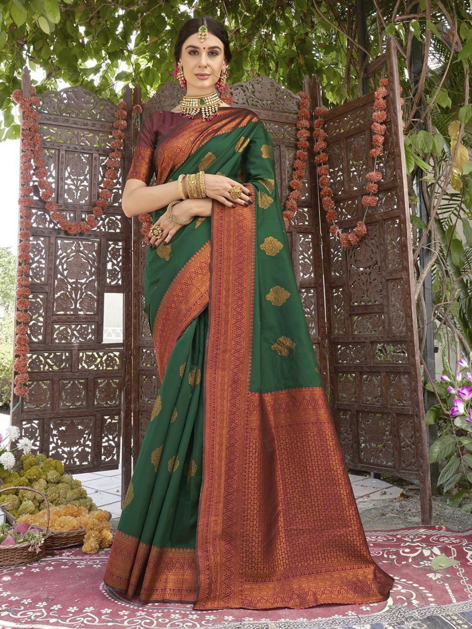 Green & Brown Beautiful Banarasi Soft Silk Saree