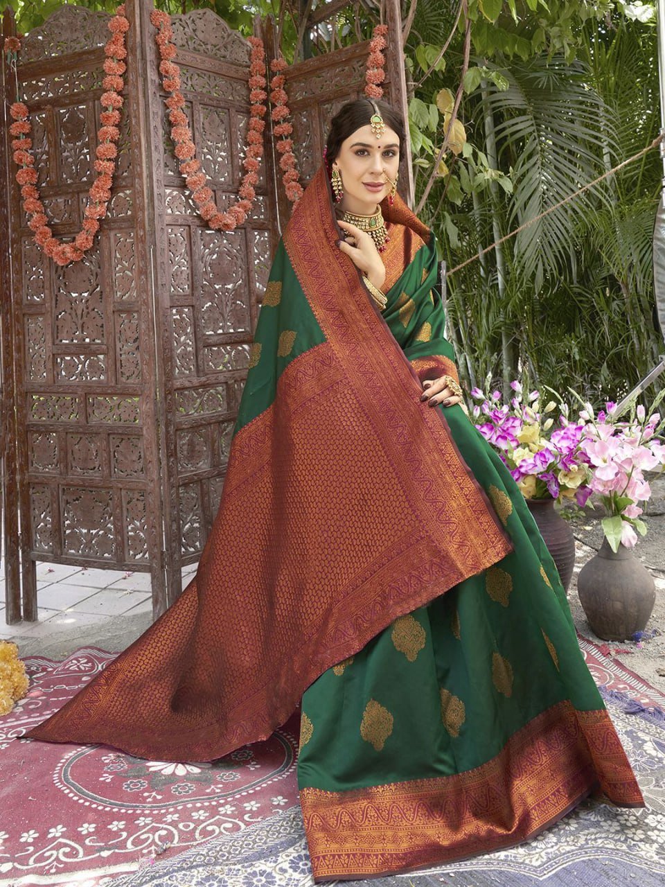 Green & Brown Beautiful Banarasi Soft Silk Saree