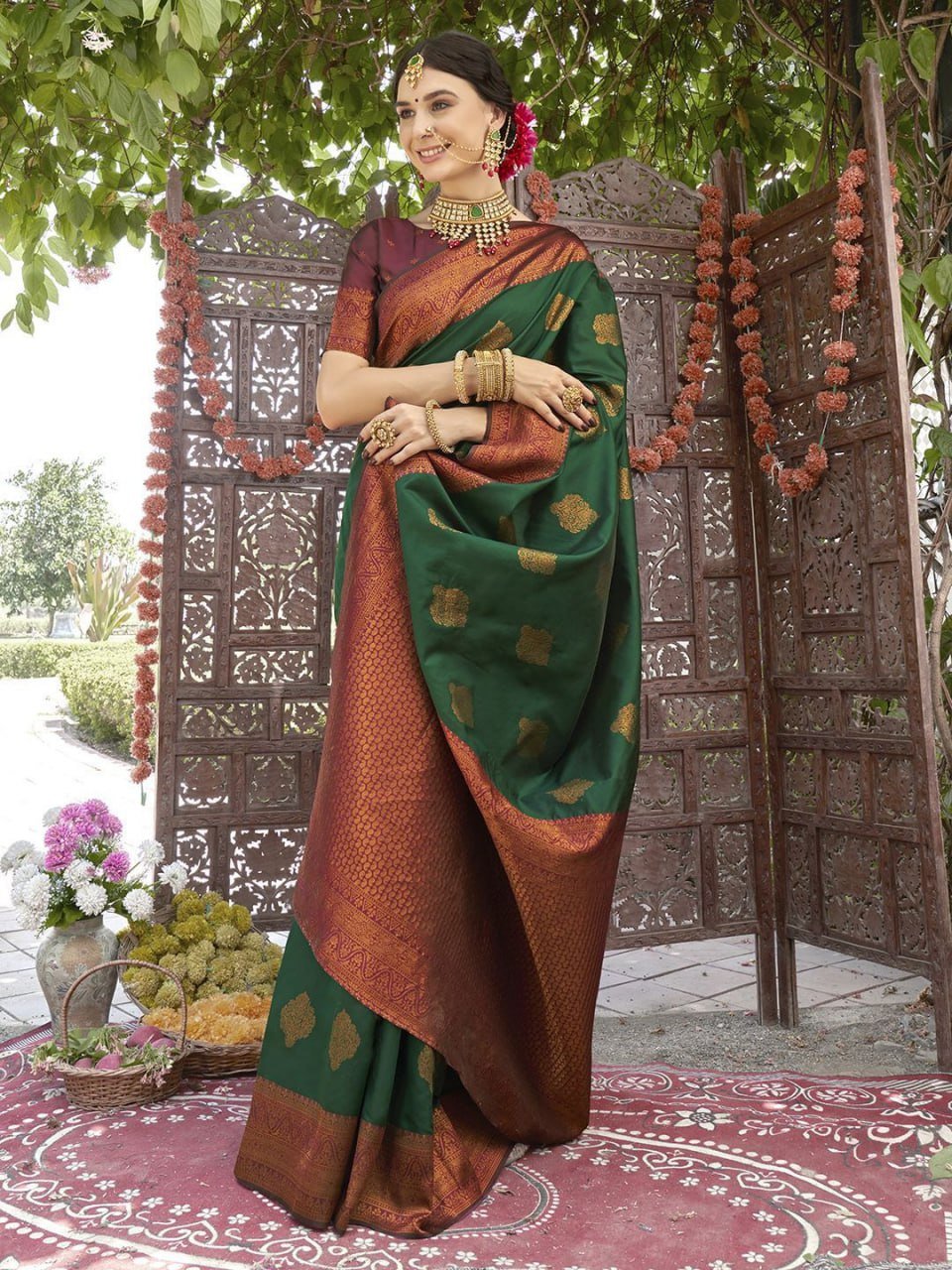 Green & Brown Beautiful Banarasi Soft Silk Saree