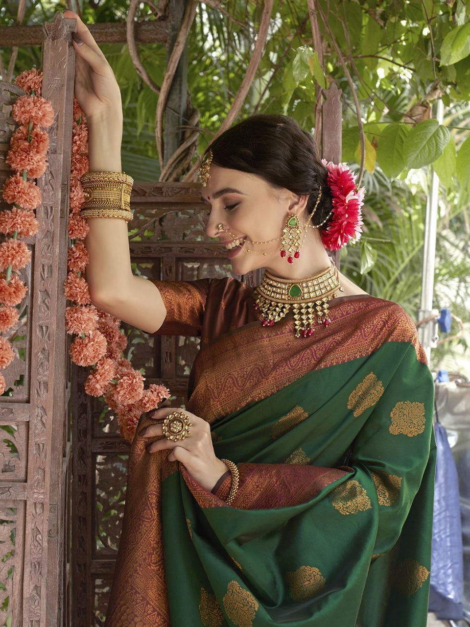 Green & Brown Beautiful Banarasi Soft Silk Saree