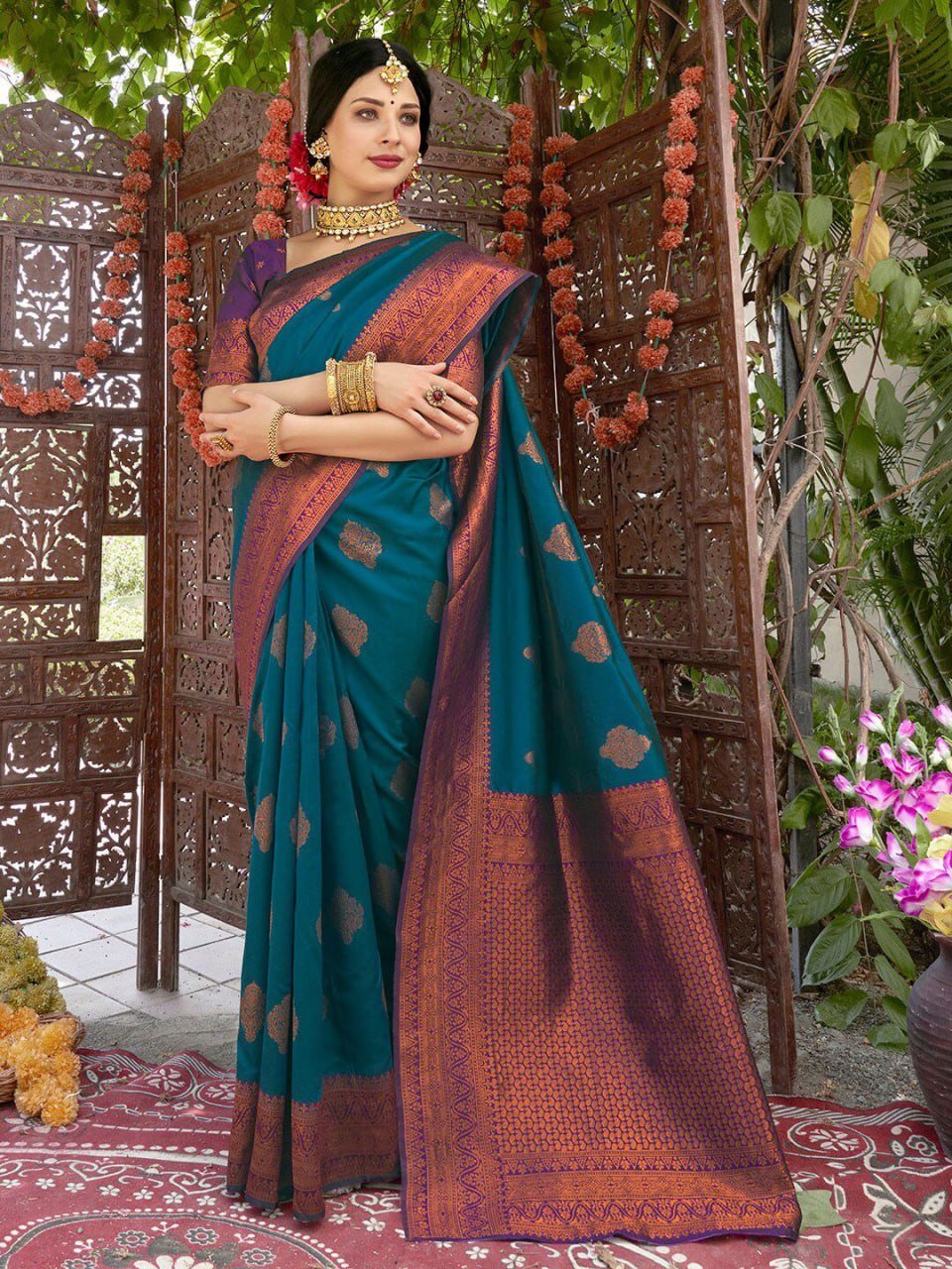 Brown And Turquoise Blue Beautiful Banarasi Soft Silk Saree