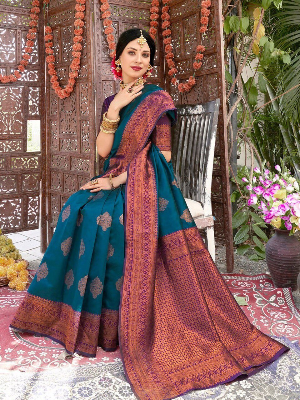 Brown And Turquoise Blue Beautiful Banarasi Soft Silk Saree