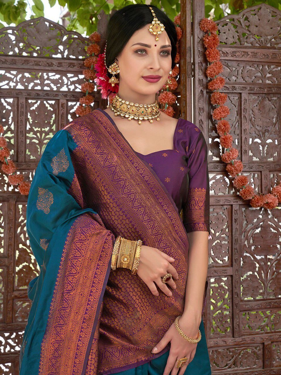 Brown And Turquoise Blue Beautiful Banarasi Soft Silk Saree