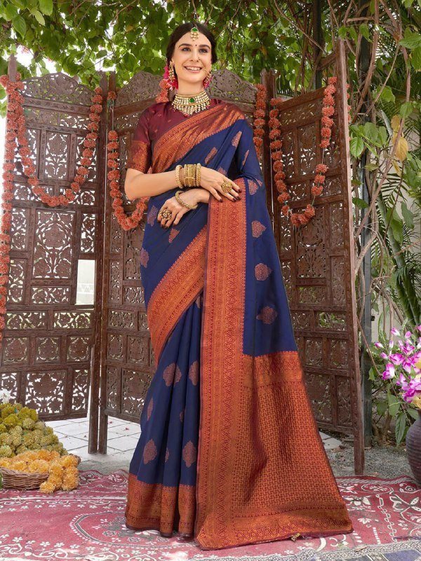 Blue Orange Beautiful Banarasi Soft Silk Saree