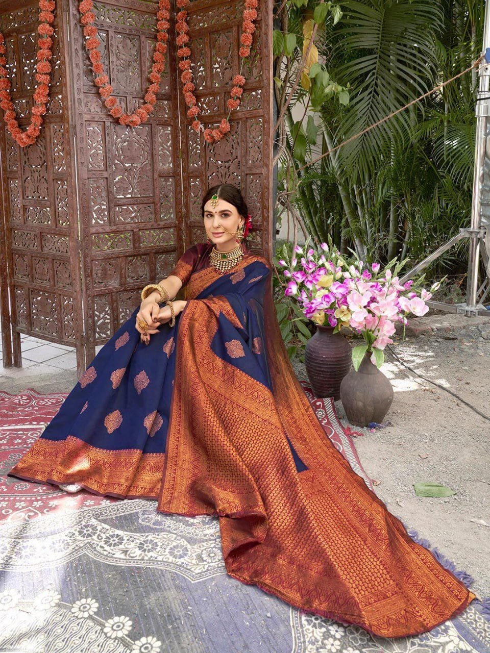Blue Orange Beautiful Banarasi Soft Silk Saree