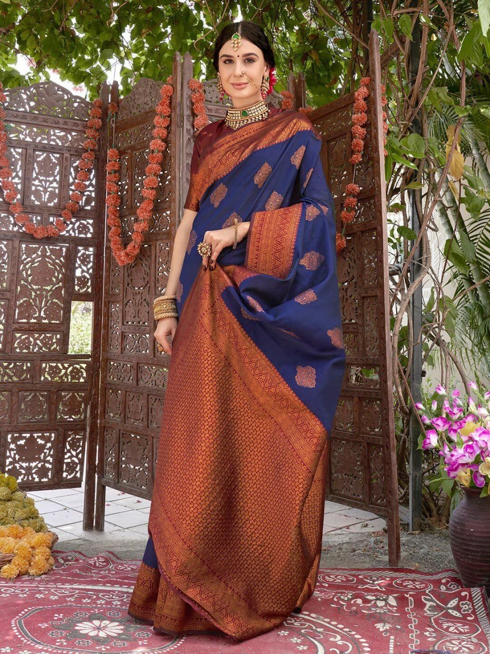 Blue Orange Beautiful Banarasi Soft Silk Saree