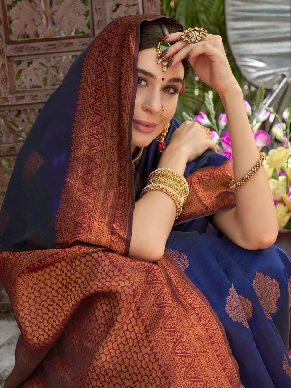 Blue Orange Beautiful Banarasi Soft Silk Saree