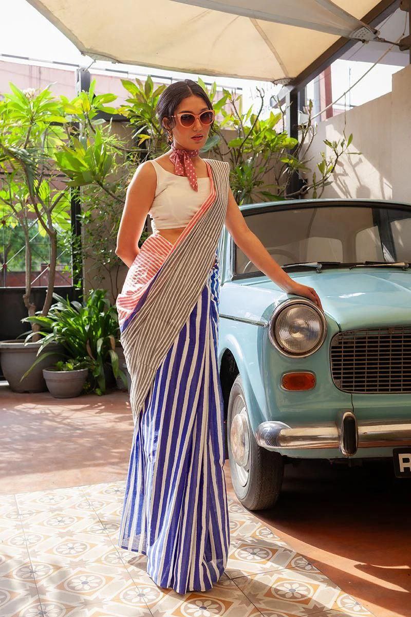 Blue Plain Linen Digital Printed Saree