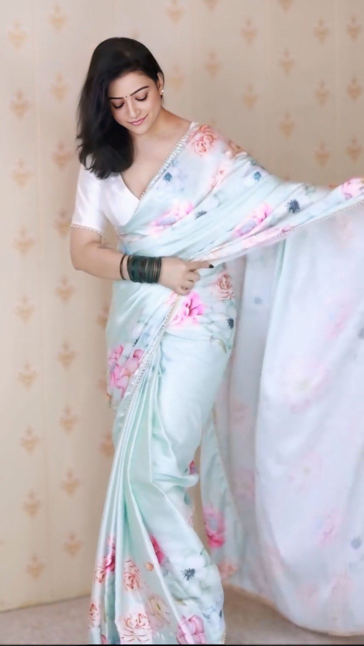 White Satin Silk Printed Ready To Wear Saree