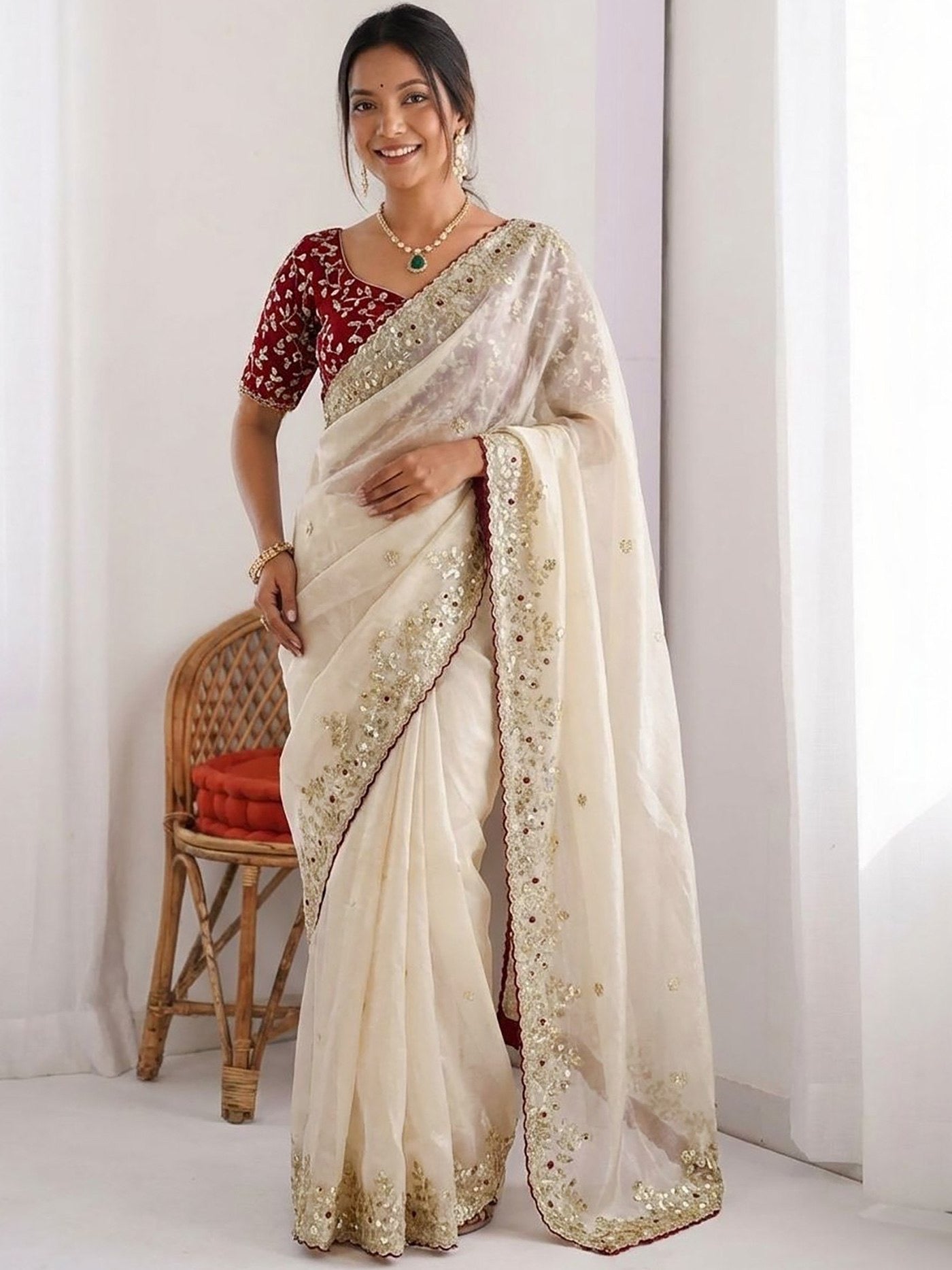 White Bangalori Designer Work Party Wear Saree
