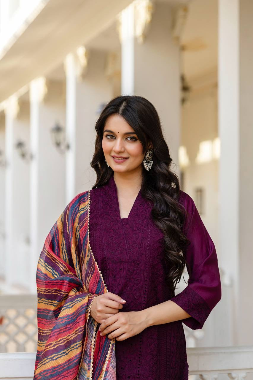 Maroon Roman Silk Chikan kari Work Kurti Set