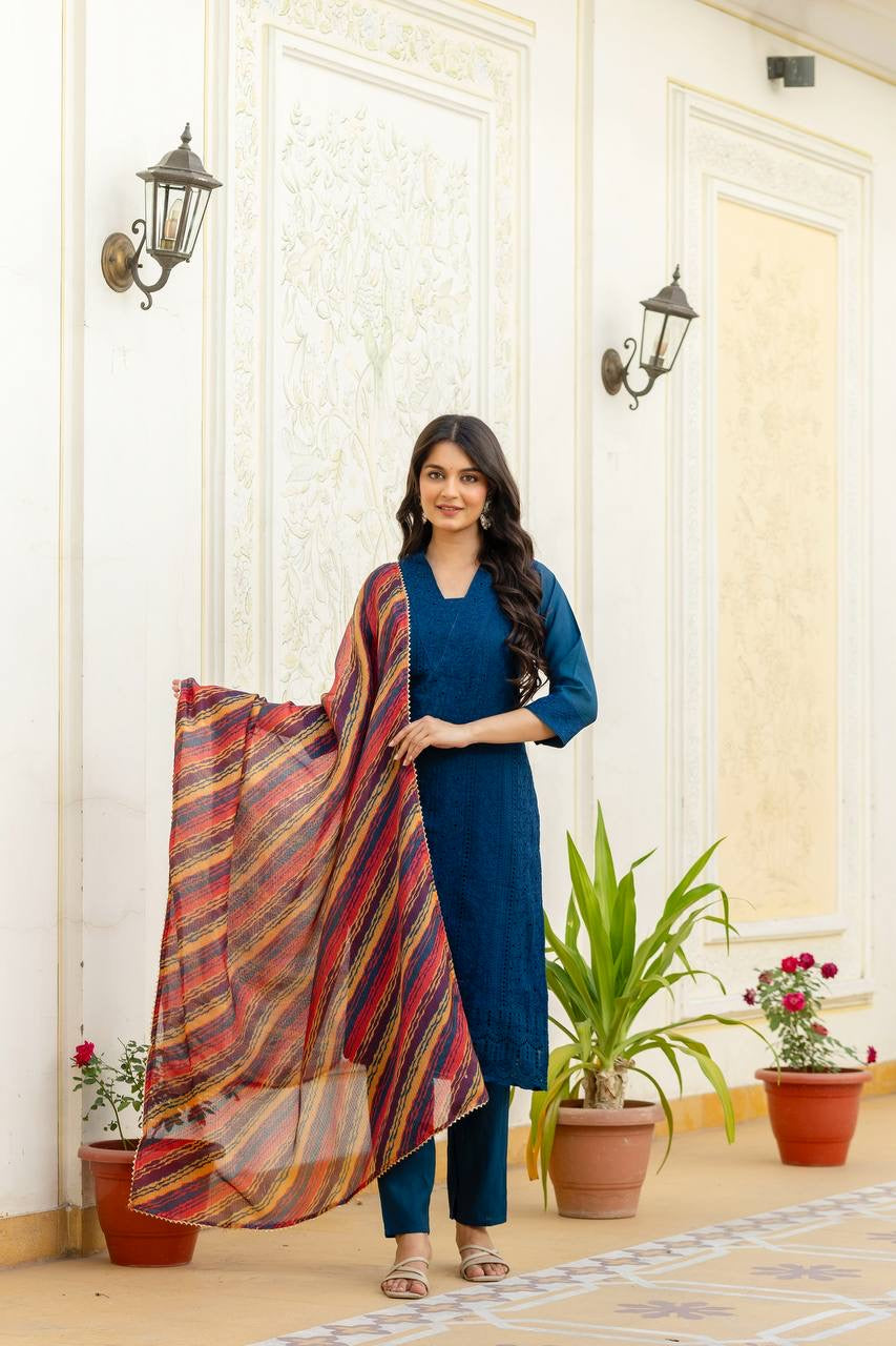Blue Roman Silk Chikan kari Work Kurti Set 