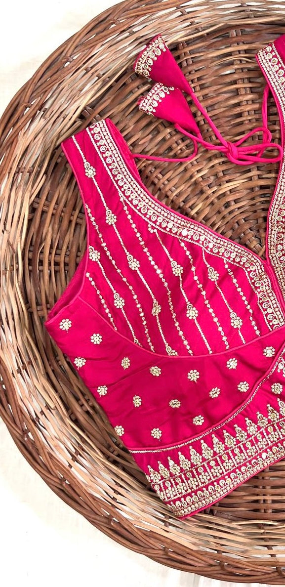 Pink Thread Work Heavu Silk V-Neck Readymade Blouse