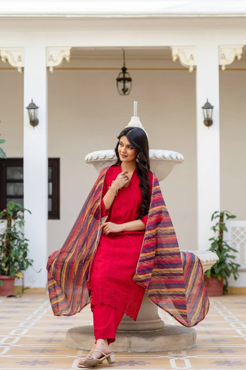 Red Roman Silk Chikan kari Work Kurti Set 