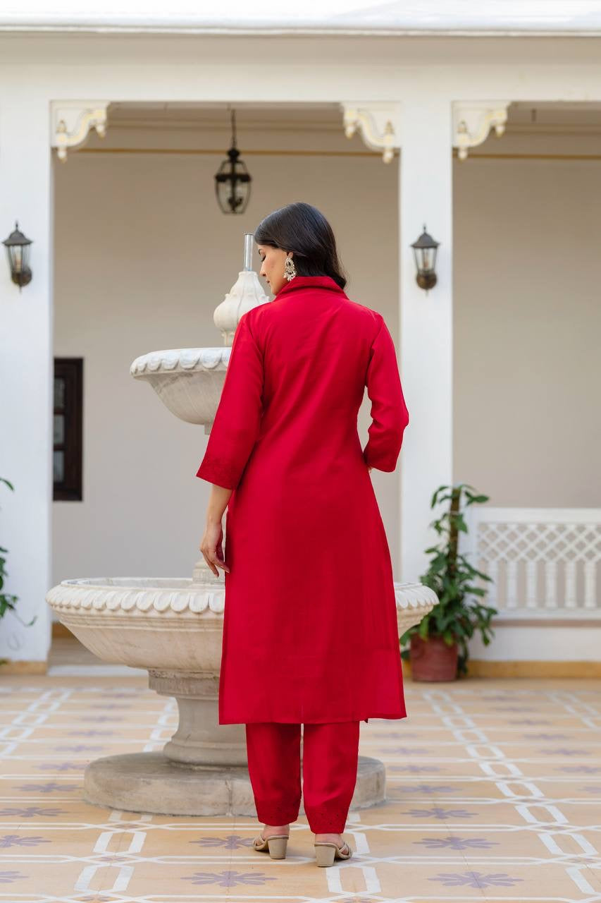 Red Roman Silk Chikan kari Work Kurti Set 