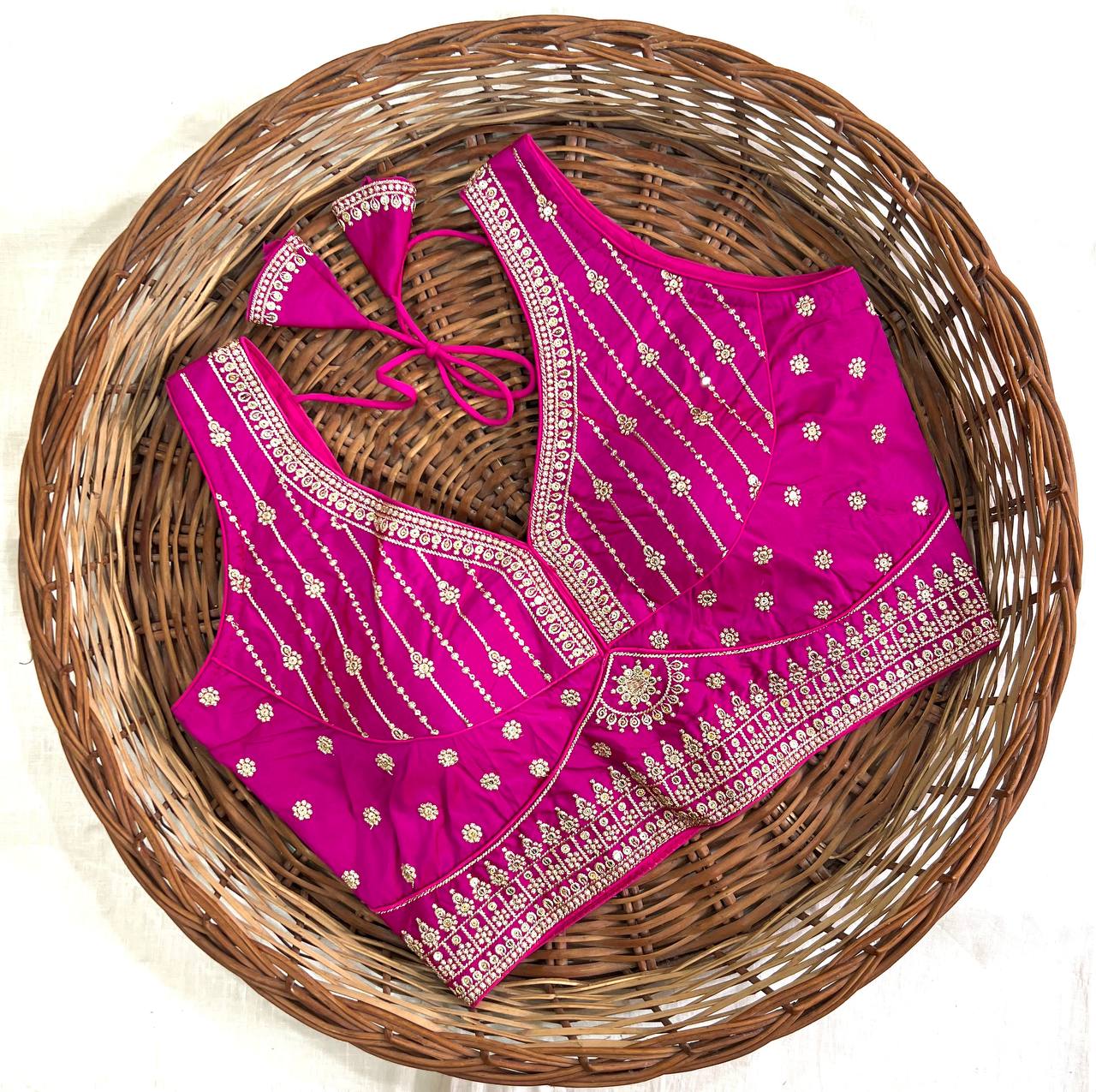 Dark Pink Thread Work Heavy Silk V-Neck Readymade Blouse