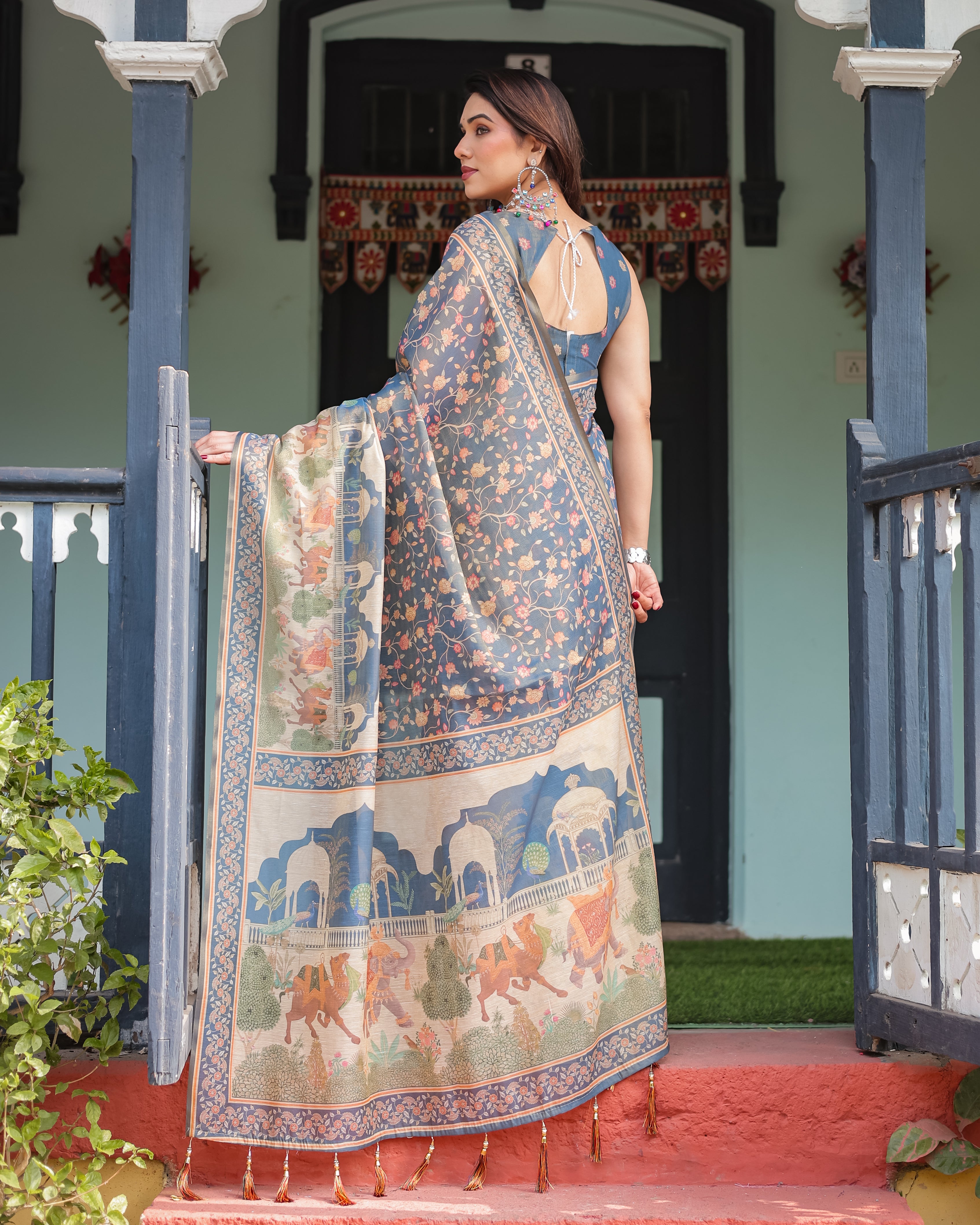 Slate Blue Handloom Floral Printed Border Saree 