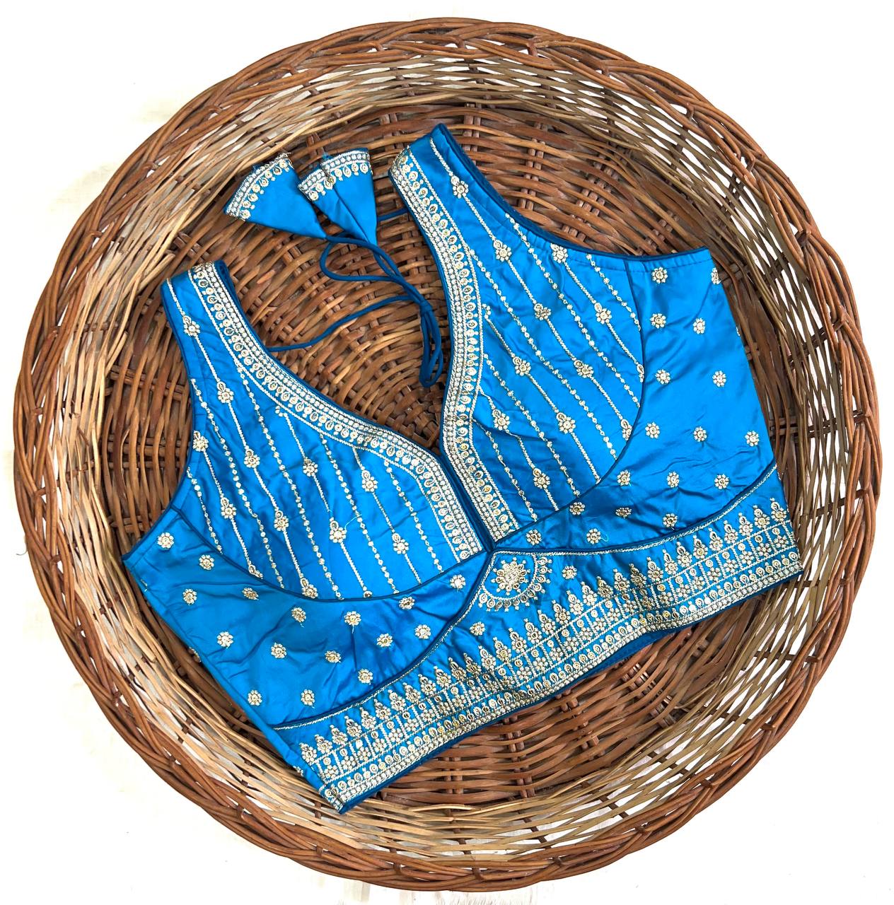 Blue Thread Work Heavu Silk V-Neck Readymade Blouse