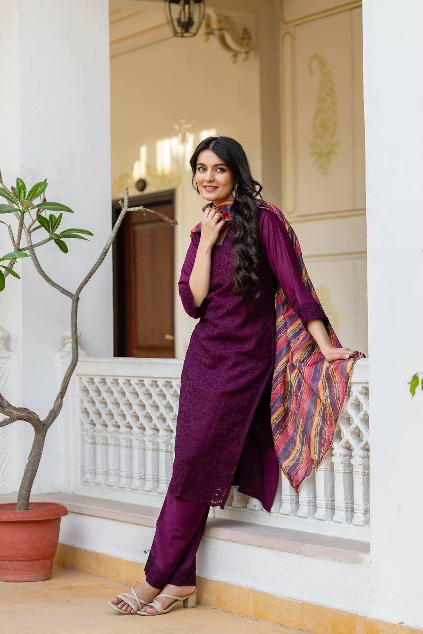 Maroon Roman Silk Chikan kari Work Kurti Set