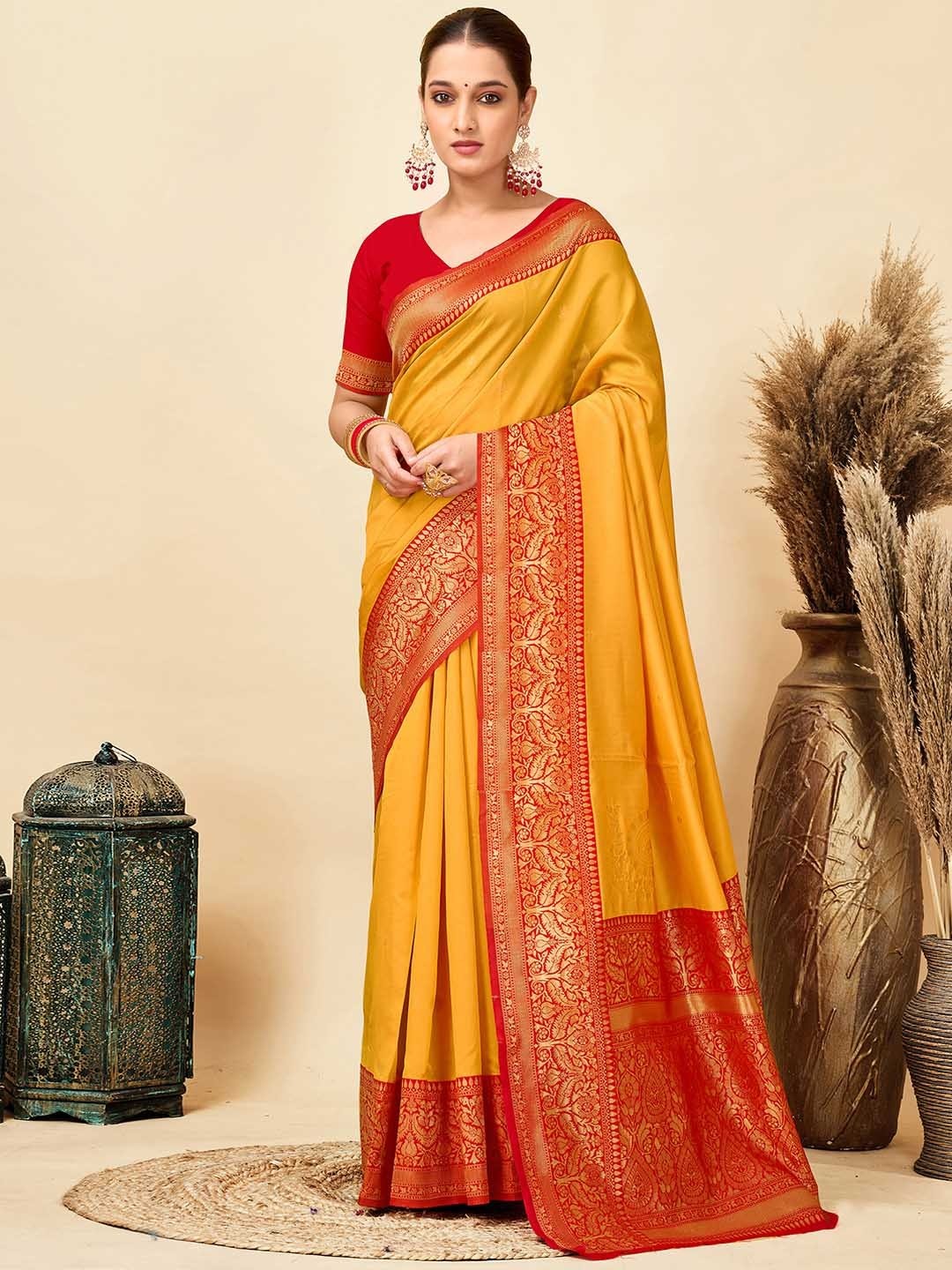 Yellow Silk Jacquard Weave Designer Saree