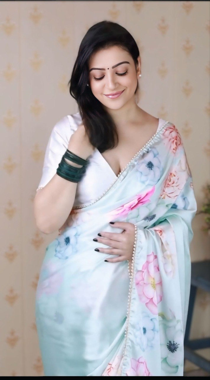 White Satin Silk Printed Ready To Wear Saree