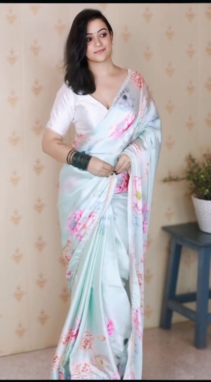 White Satin Silk Printed Ready To Wear Saree