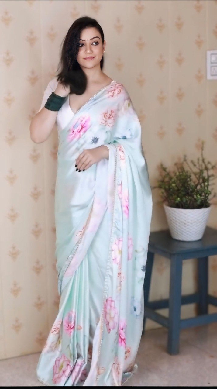 White Satin Silk Printed Ready To Wear Saree