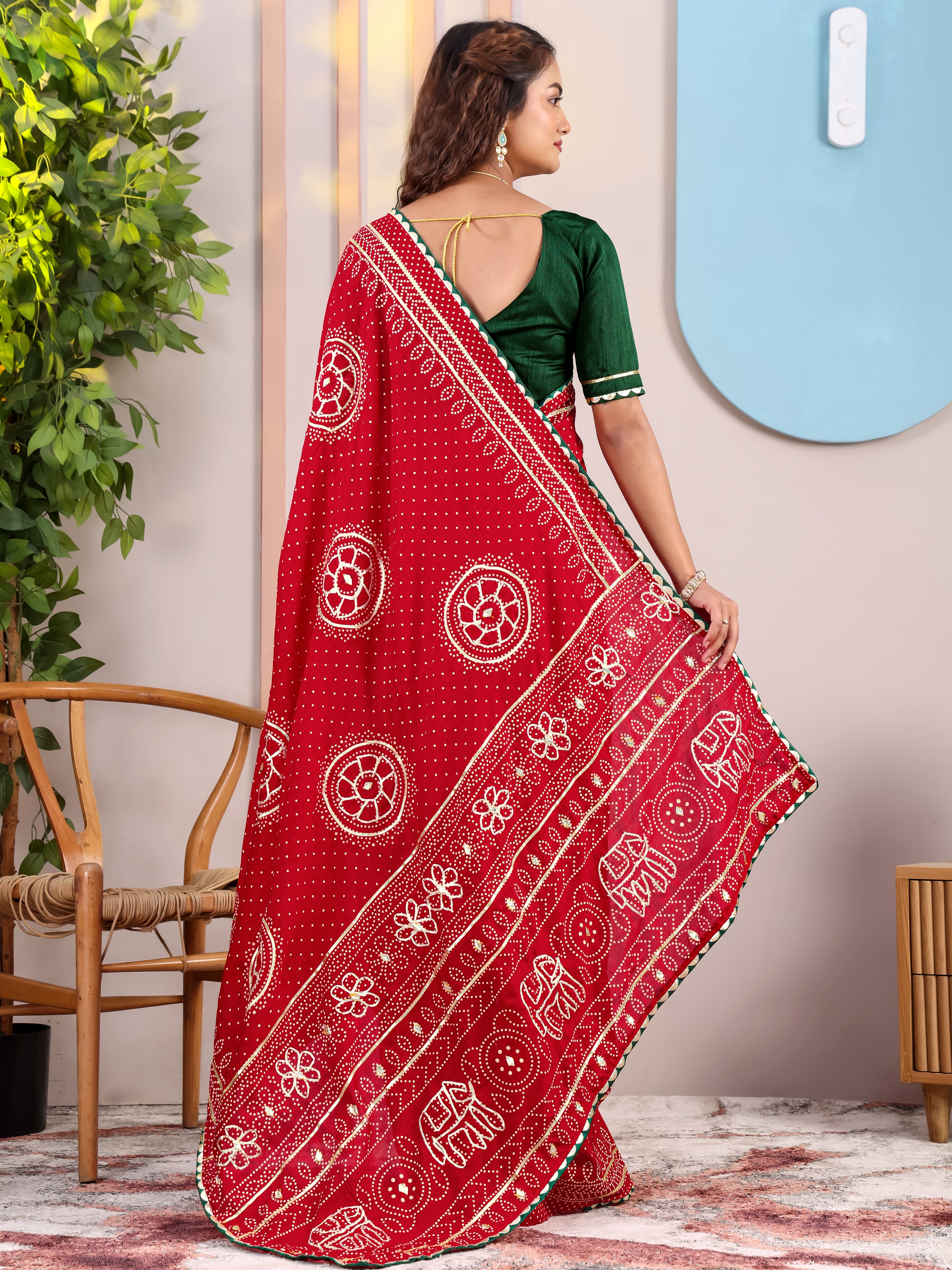 Red Round Bandhani On Pure Vichitra Silk Saree with Gota Patti Work