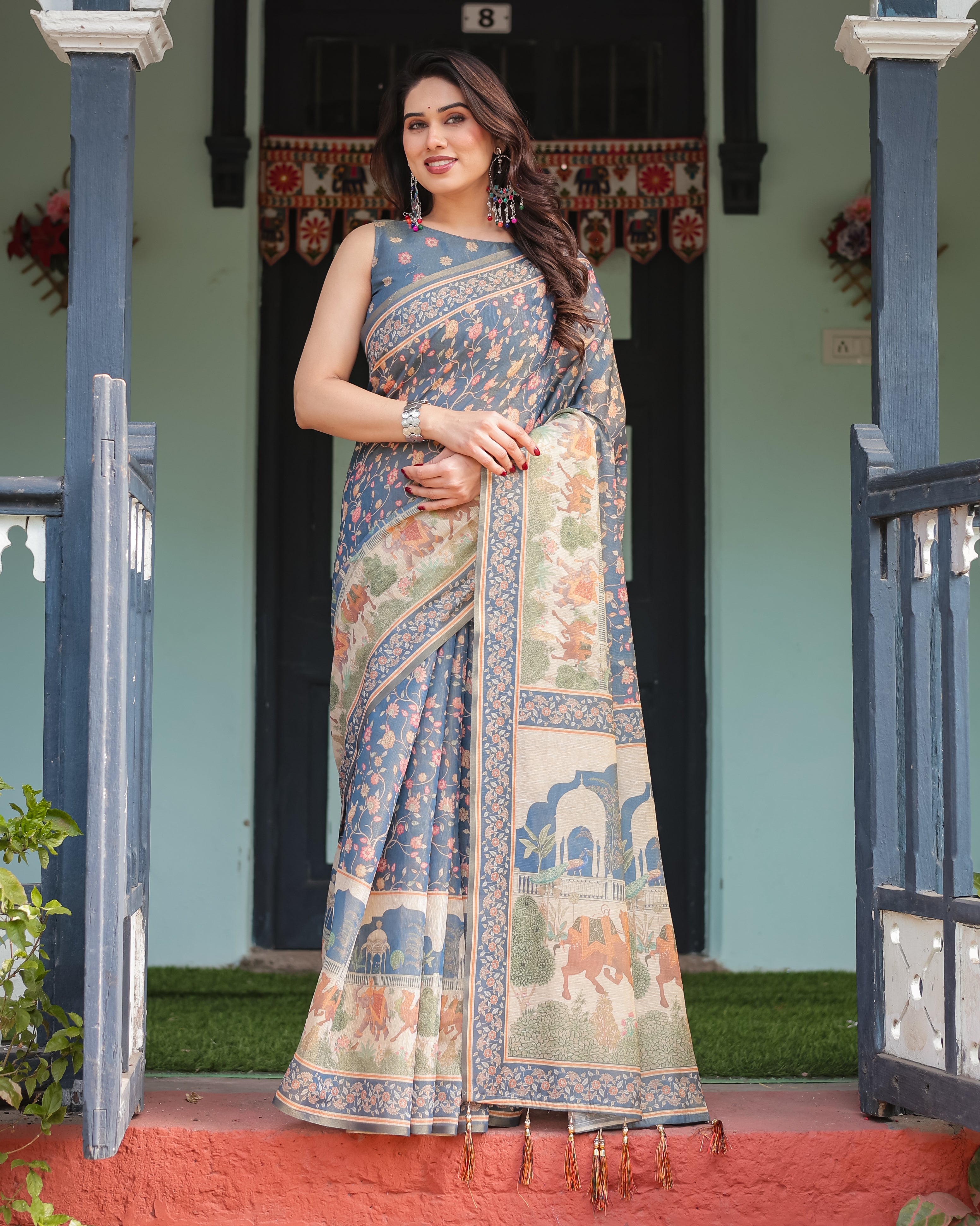 Slate Blue Handloom Floral Printed Border Saree 