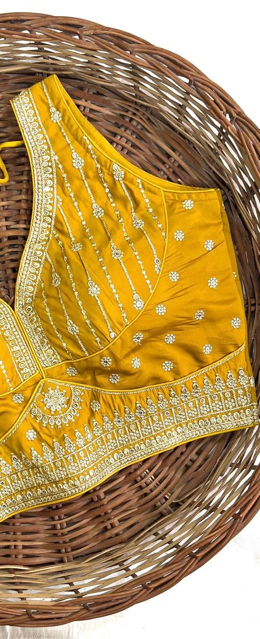 Dark Yellow Thread Work Heavy Silk V-Neck Readymade Blouse