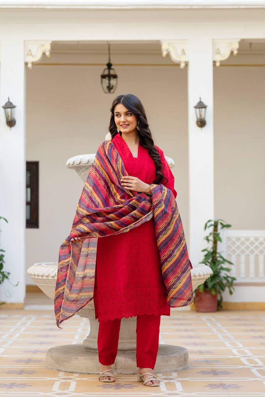 Red Roman Silk Chikan kari Work Kurti Set 