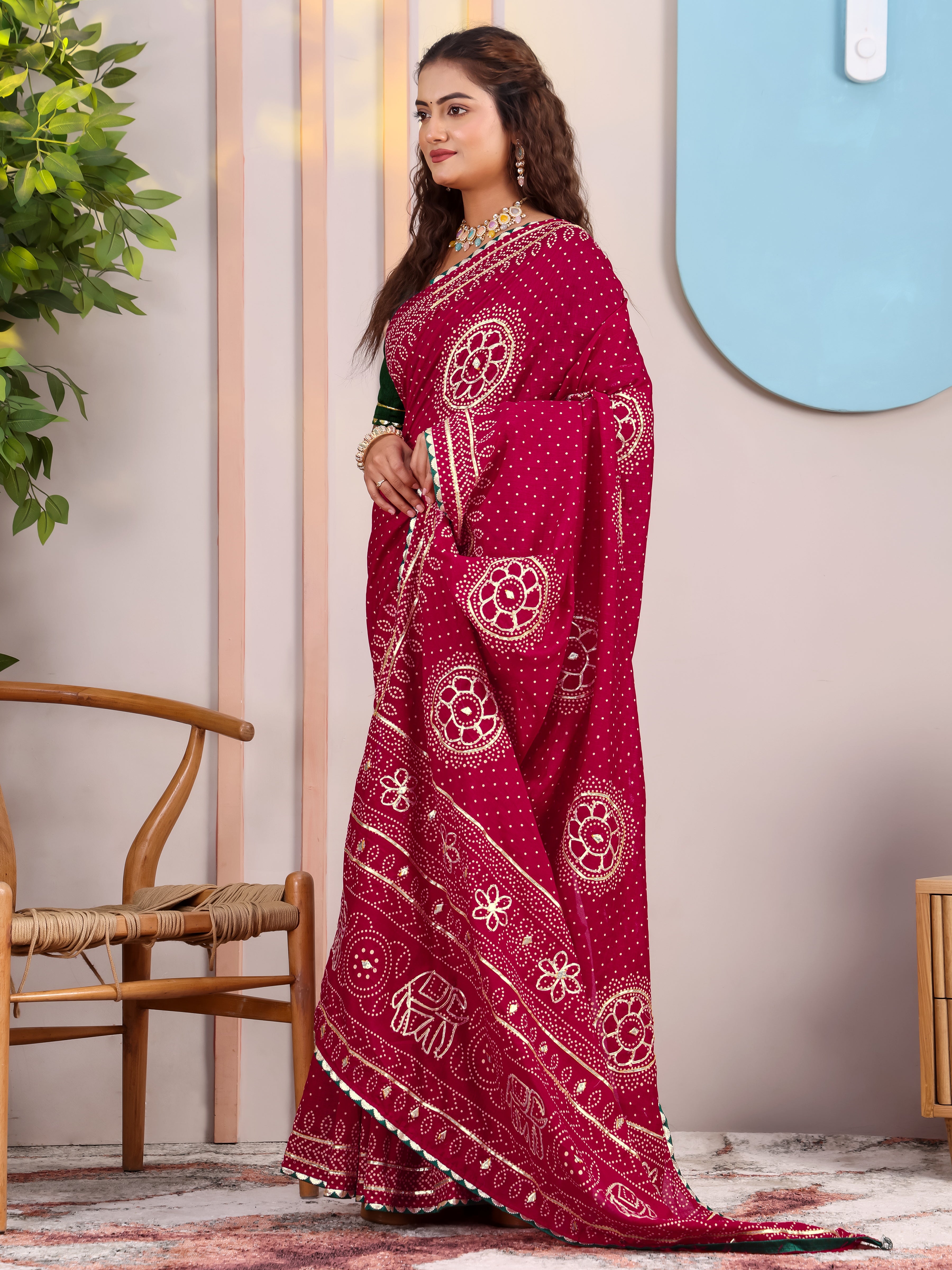 Maroon Round Bandhani On Pure Vichitra  Silk Saree with Gota Patti Work