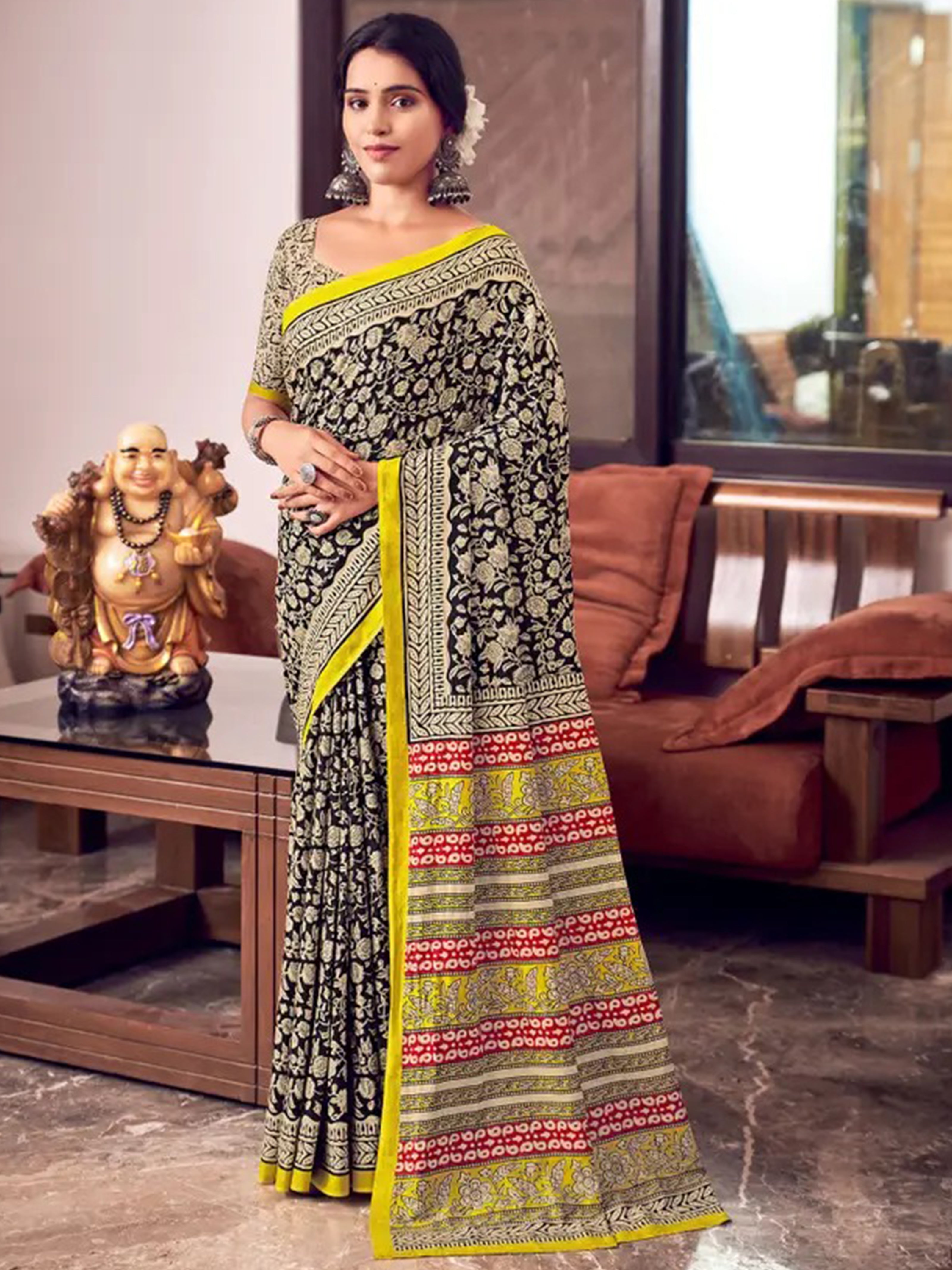 Pure Cotton Bagru Block Printed Saree