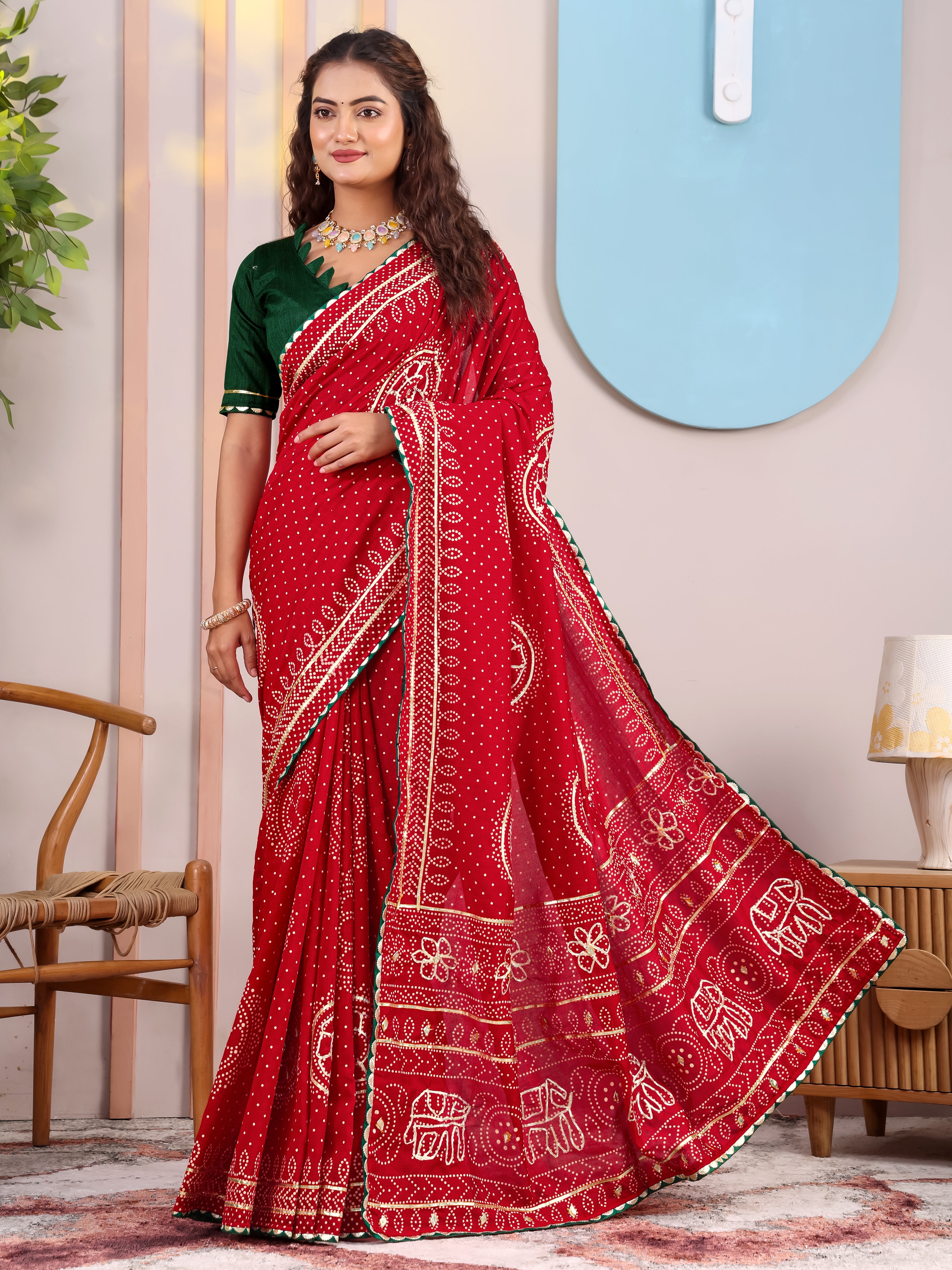 Red Round Bandhani On Pure Vichitra Silk Saree with Gota Patti Work