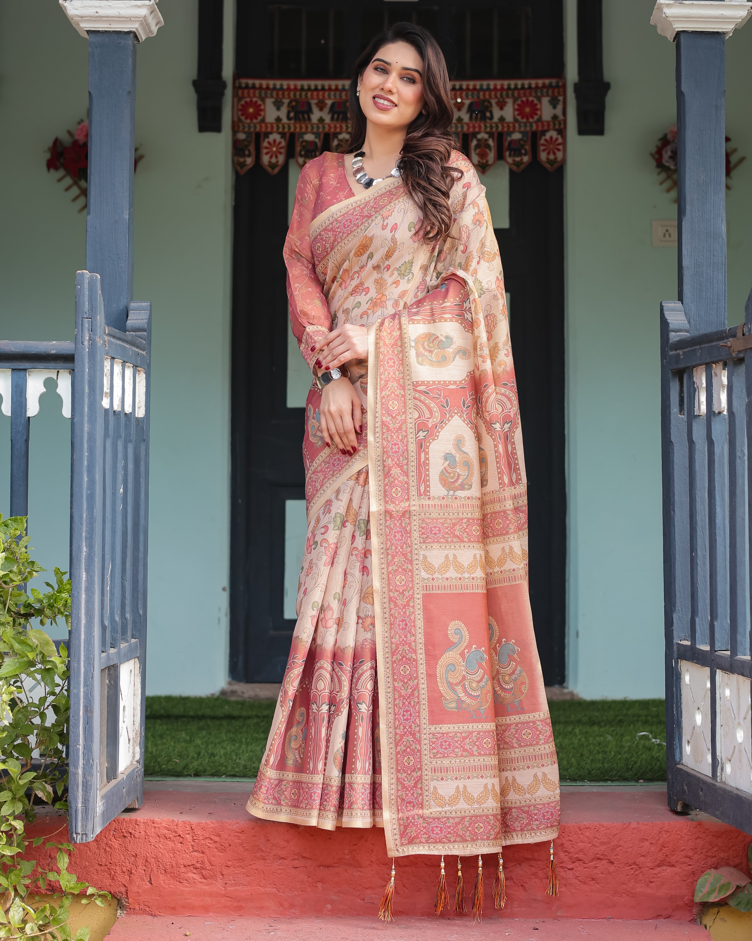 Rose Pink Handloom Floral Print With Ethnic Border Sraee