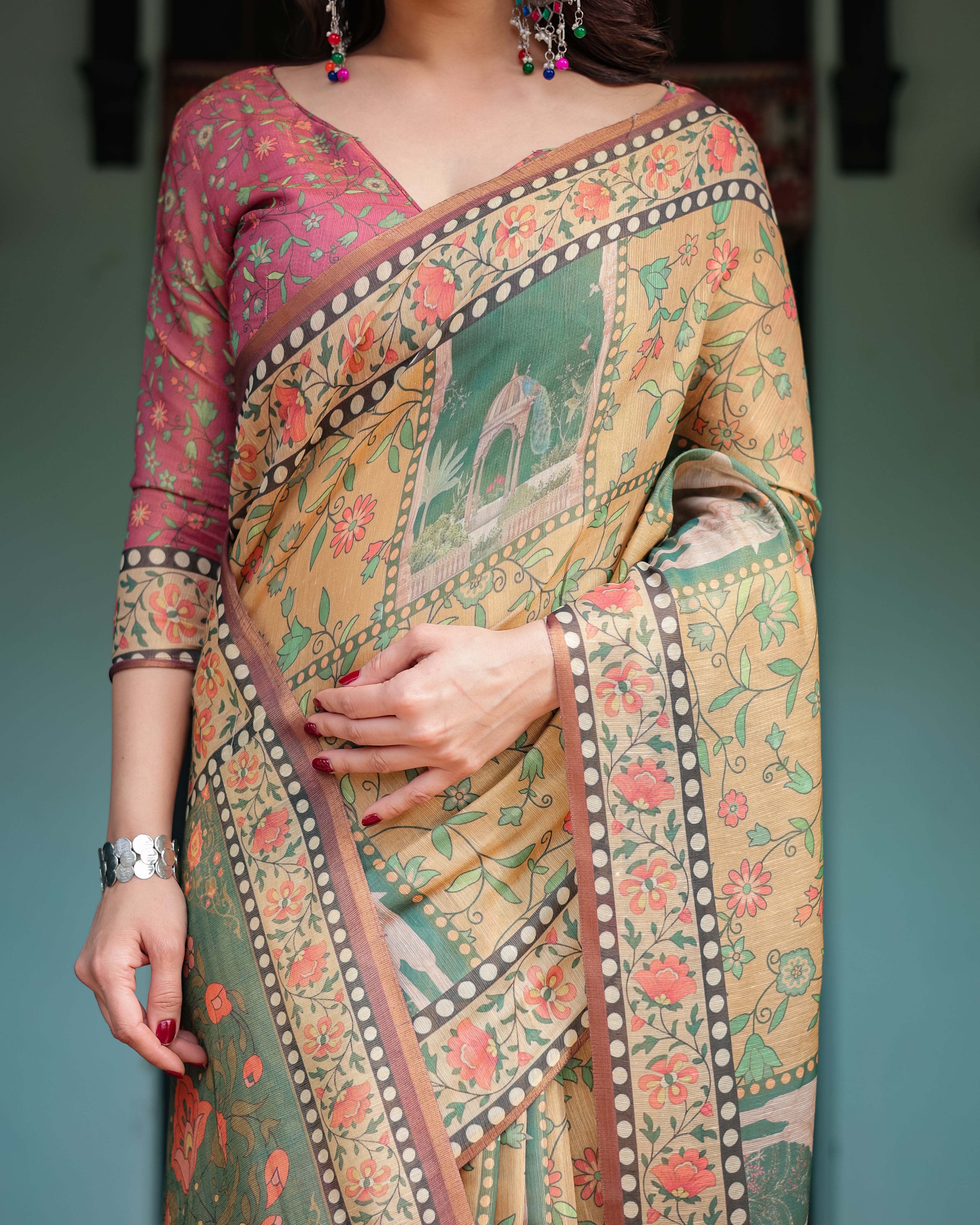 Mustard Yellow Mughal Artwork With Rich Ethnic Border Saree
