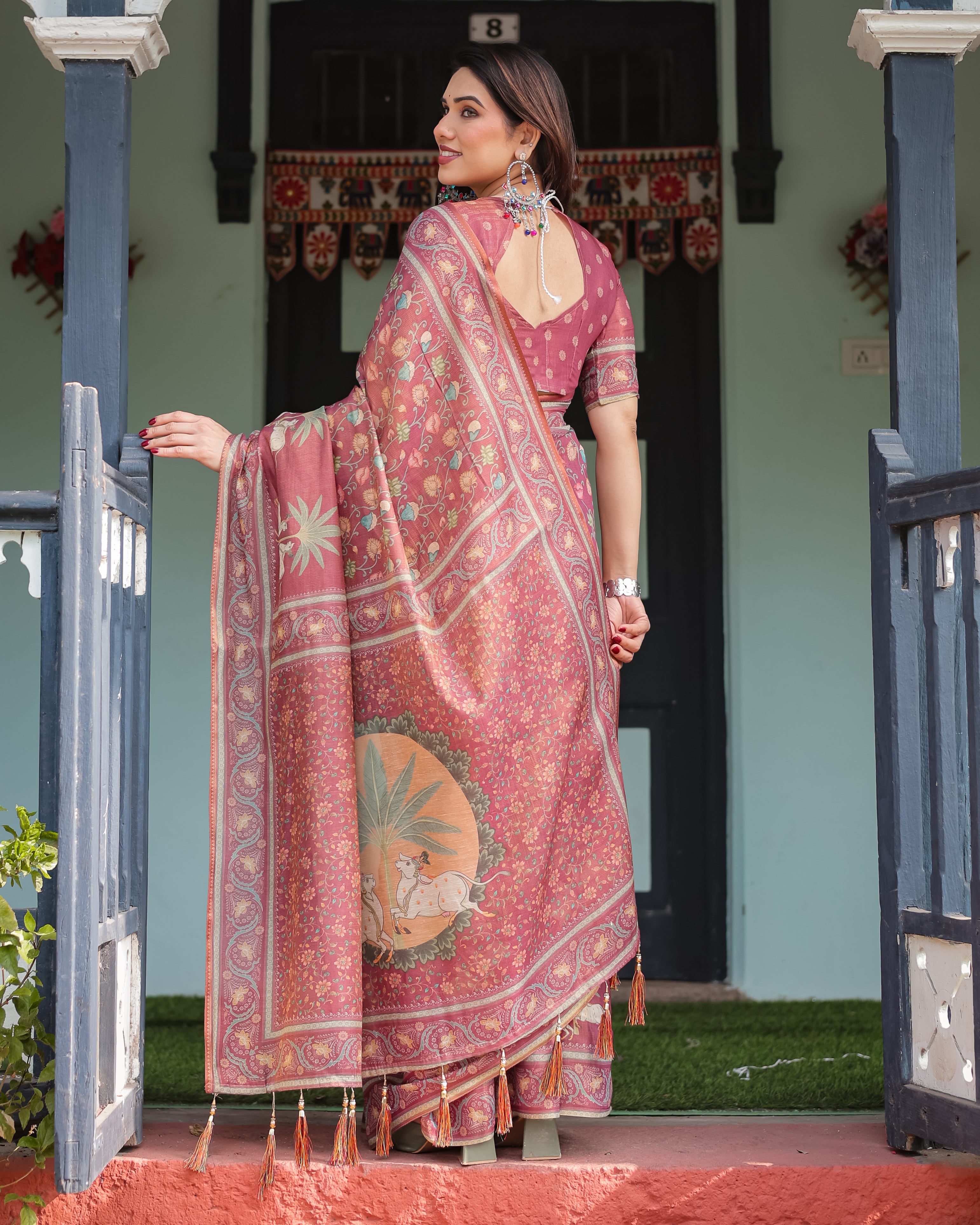 Pink Handloom Floral Printed Border Saree 