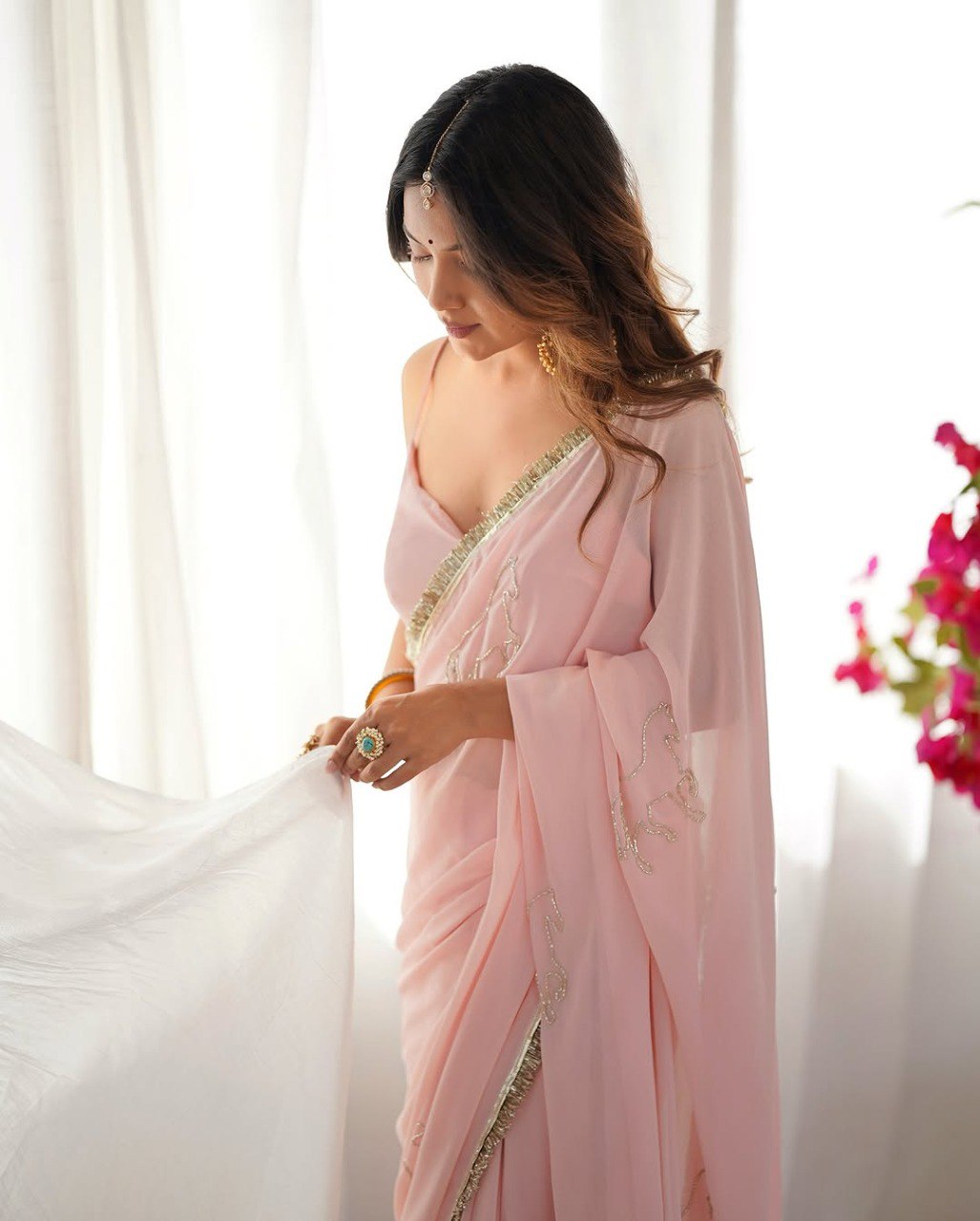 Baby Pink Georgette Ready To Wear Saree 