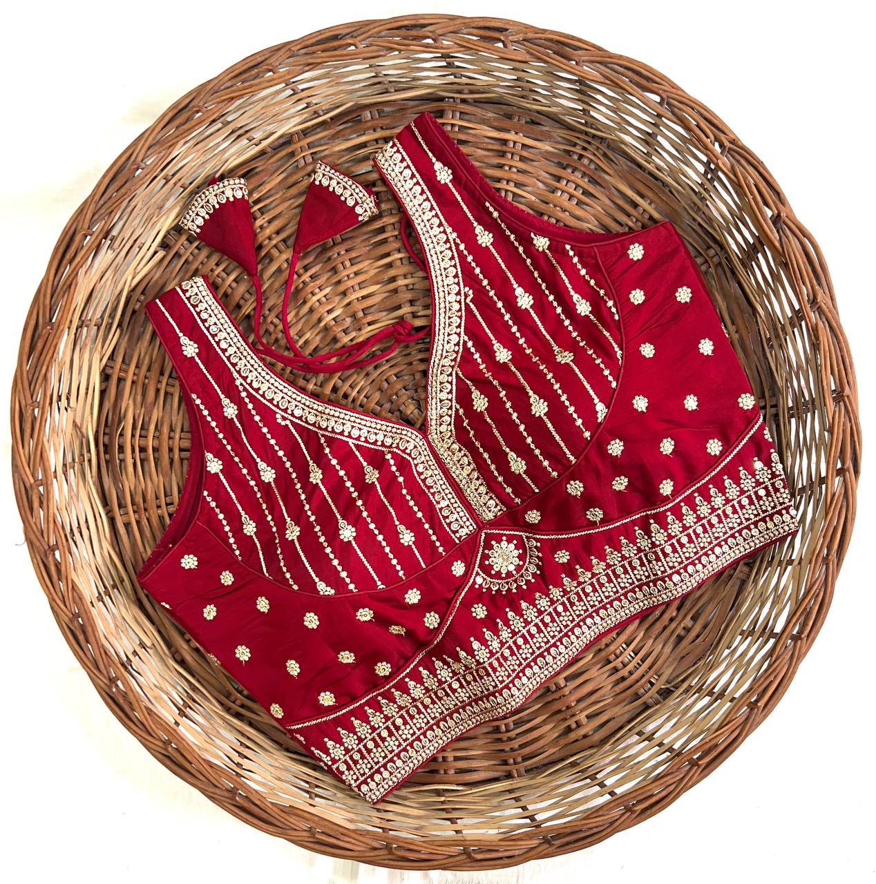 Cherry Red Thread Work Heavy Silk V-Neck Readymade Blouse