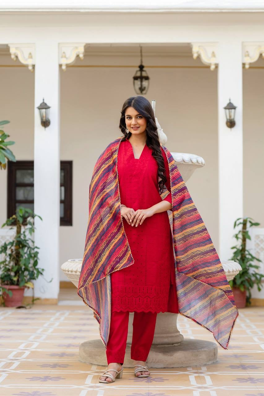 Red Roman Silk Chikan kari Work Kurti Set 