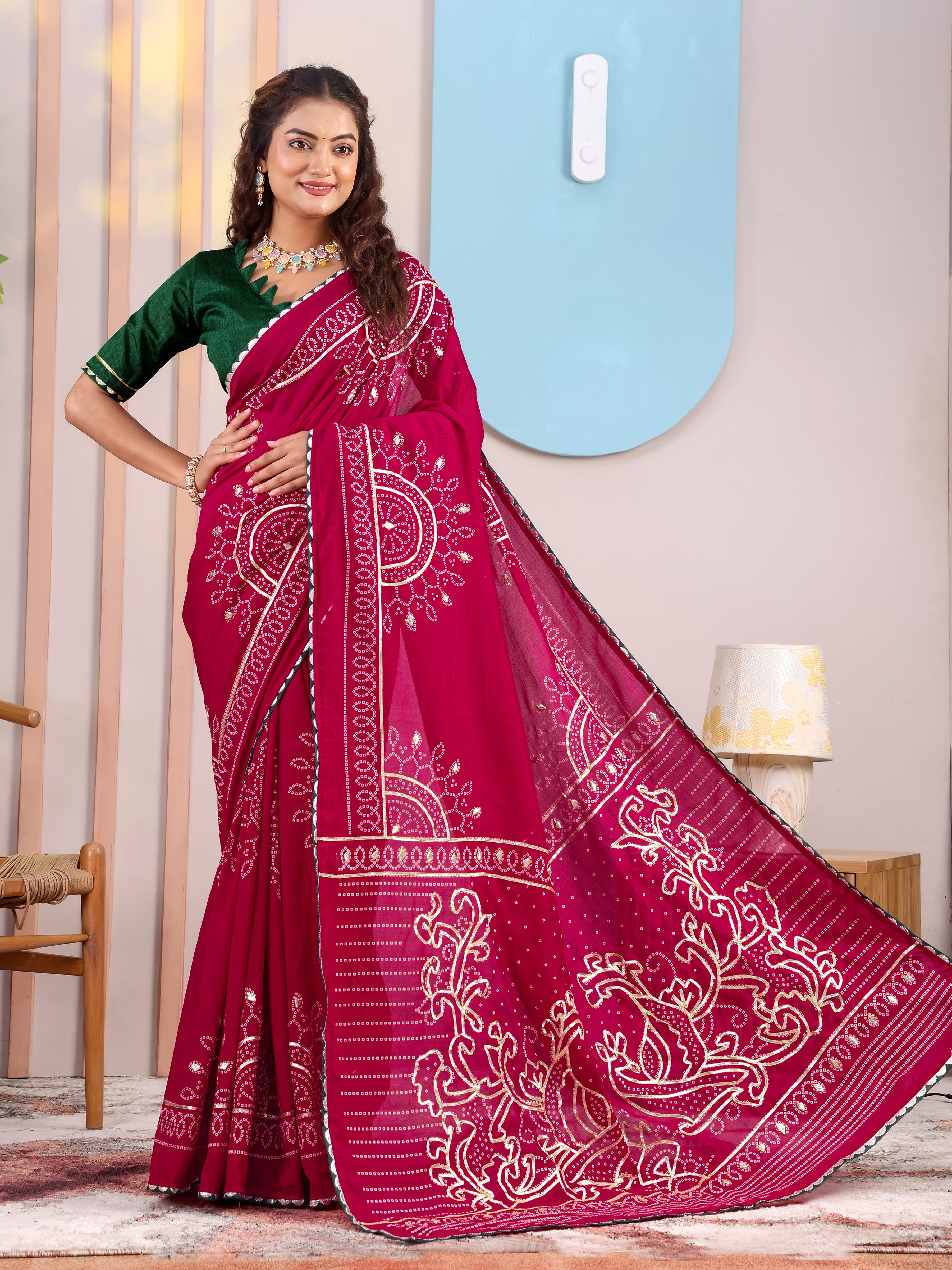 Maroon Bandhani On Pure Vichitra Silk Saree with Gota Patti Work