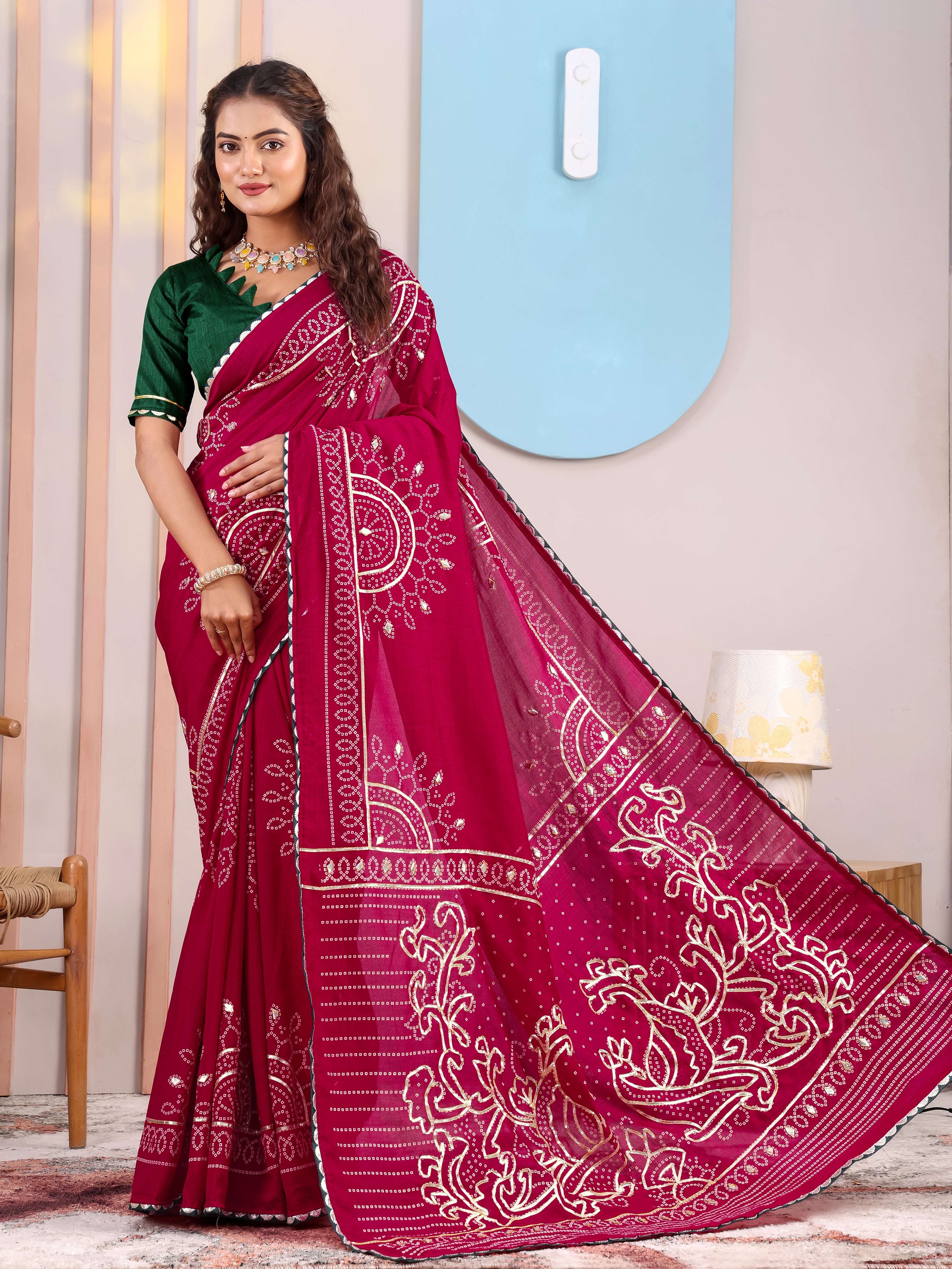 Maroon Bandhani On Pure Vichitra Silk Saree with Gota Patti Work