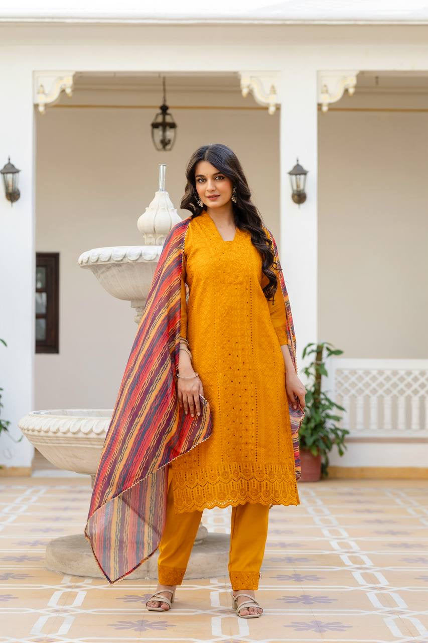 Yellow Roman Silk Chikan kari Work Kurti Set