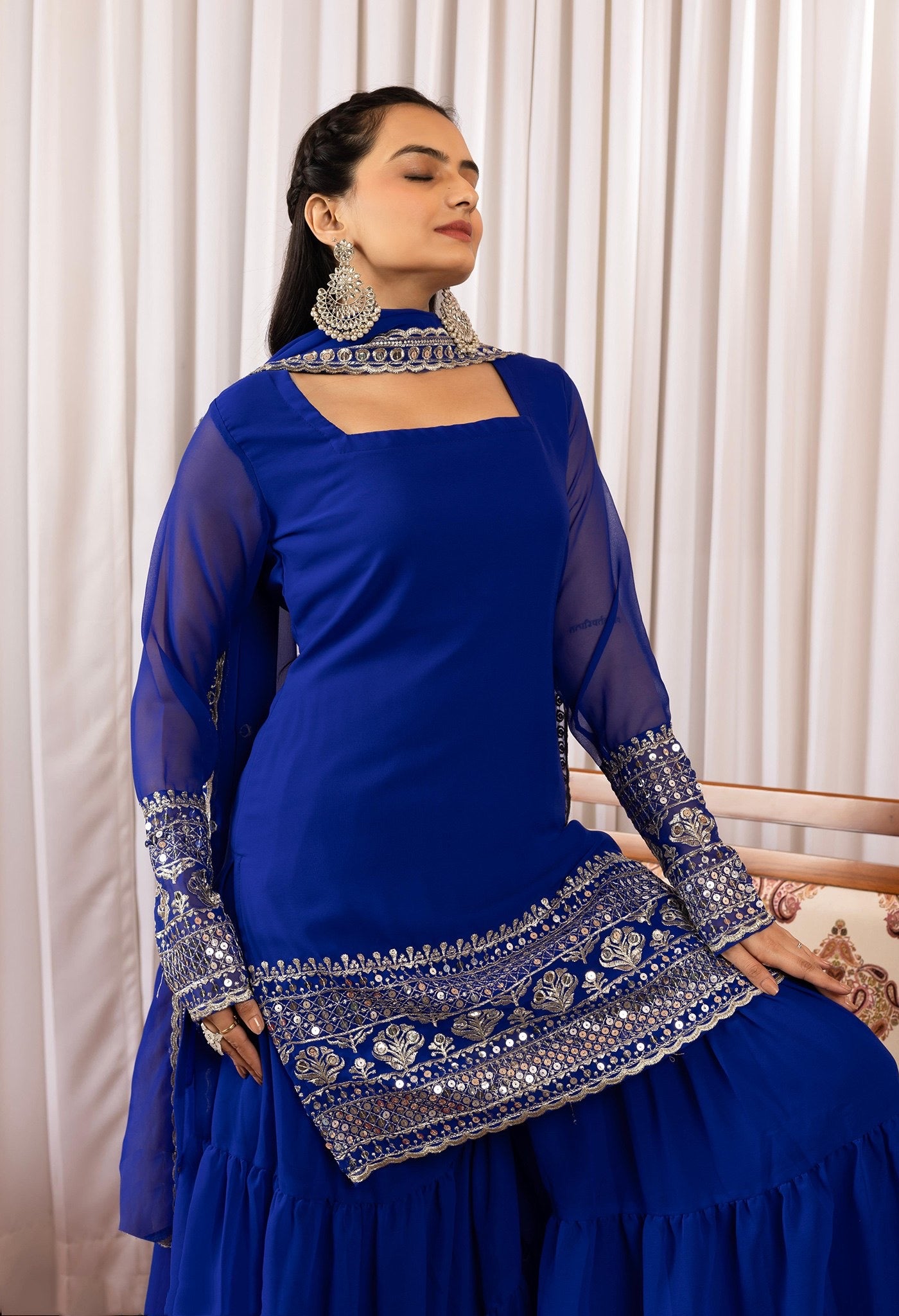 Blue Georgette Embroidered Kurta Sharara Set